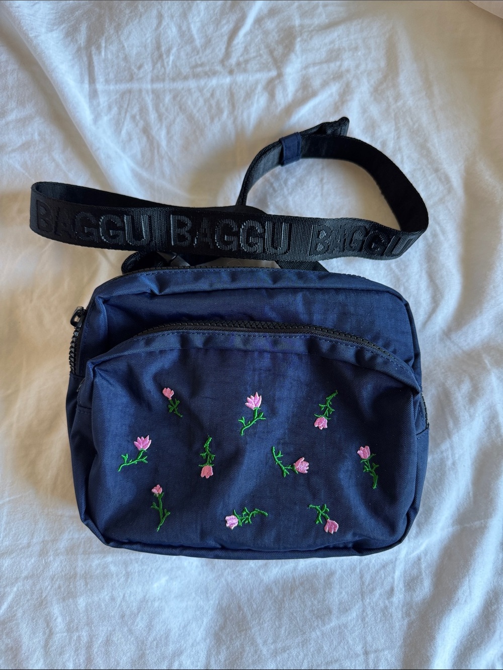 BAGGU Navy Crossbody Bag with Pink Floral Embroidery